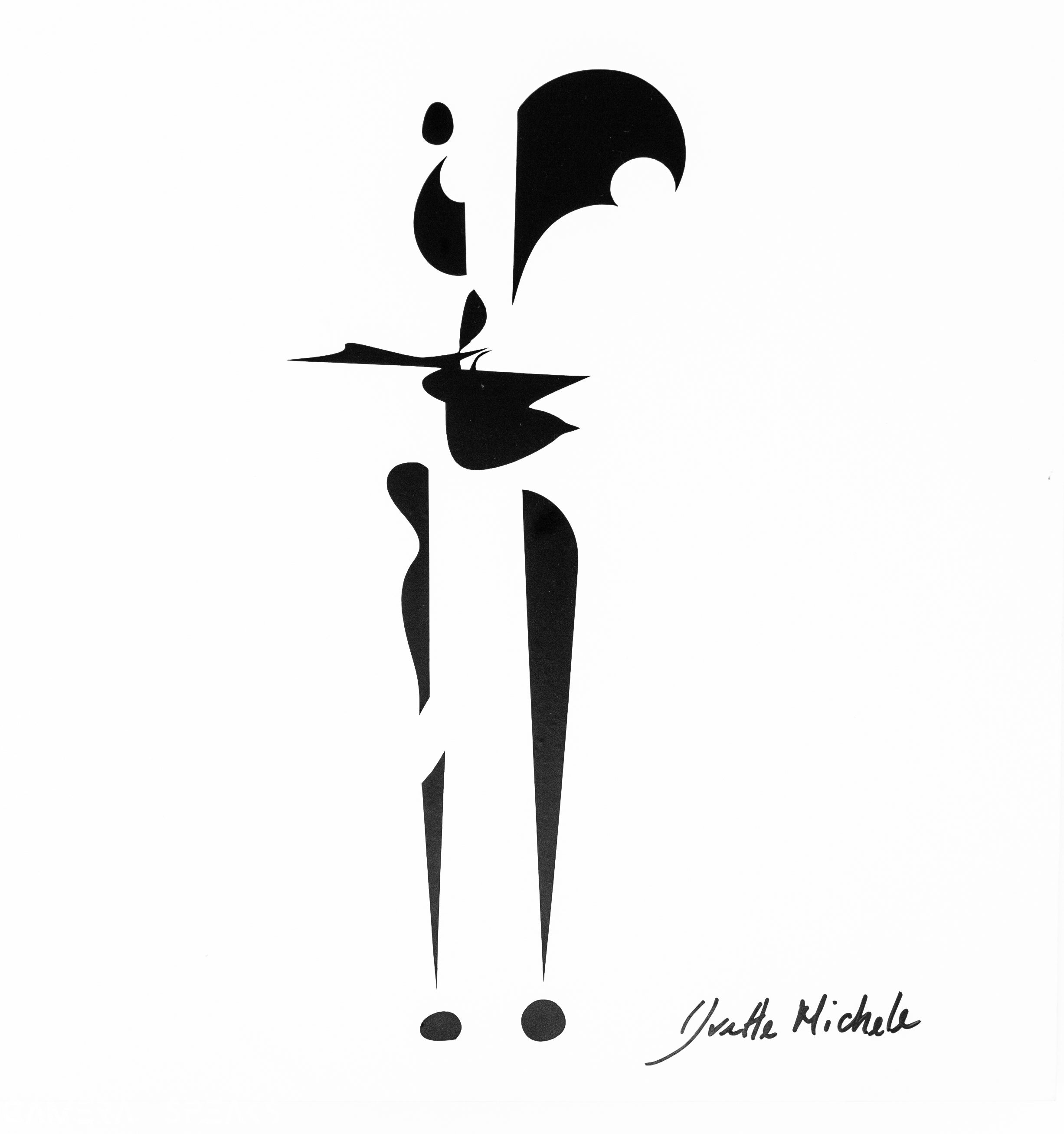 Abstract black silhouette of a figure with exaggerated shapes and a tall, slender form on a white background. The artwork is signed "Juliette Michels" in the bottom right corner.