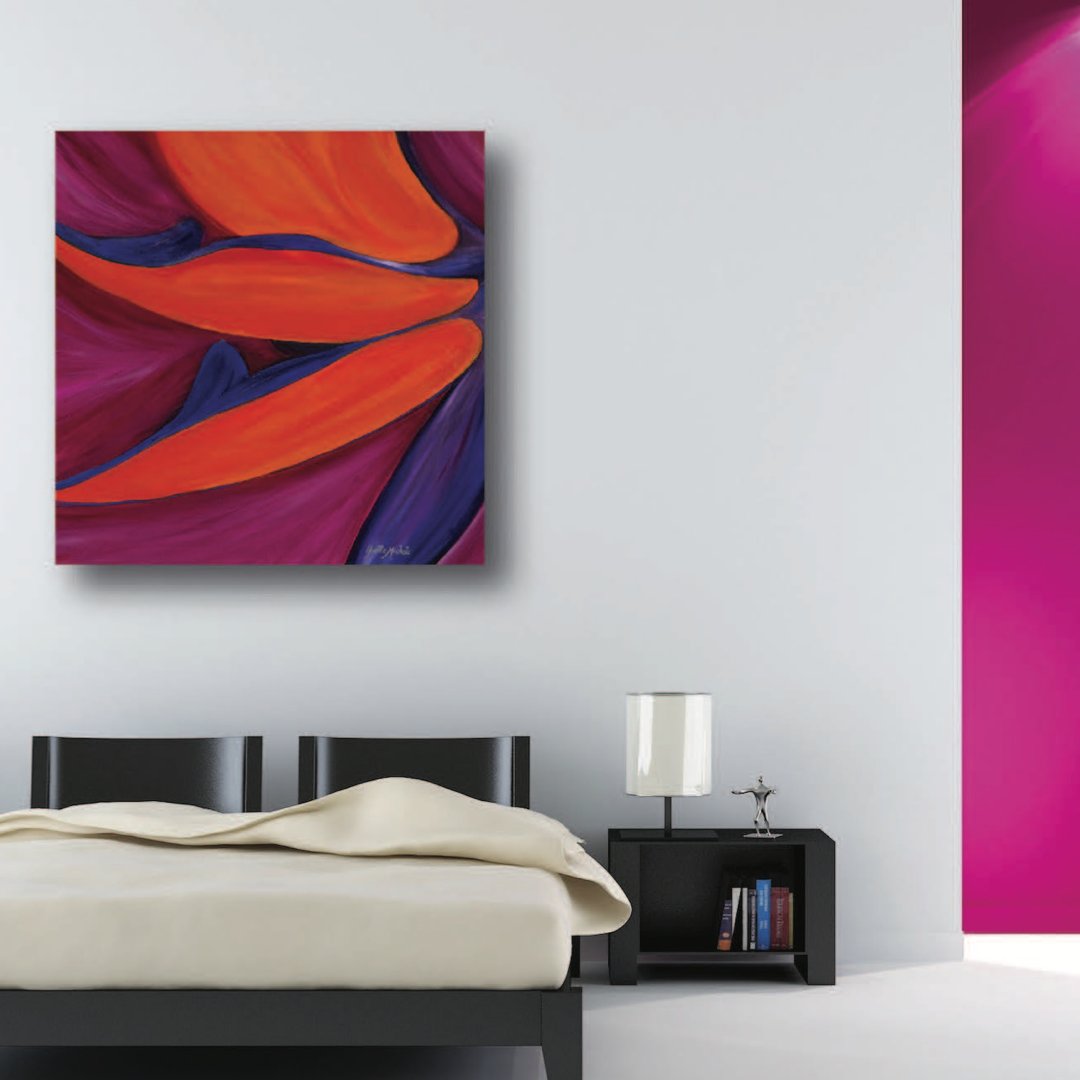 A minimalist bedroom features a black bed with beige bedding, a small black nightstand with a lamp, and a colorful abstract painting with vibrant orange and purple hues on the wall. The wall has a purple accent on the far right.