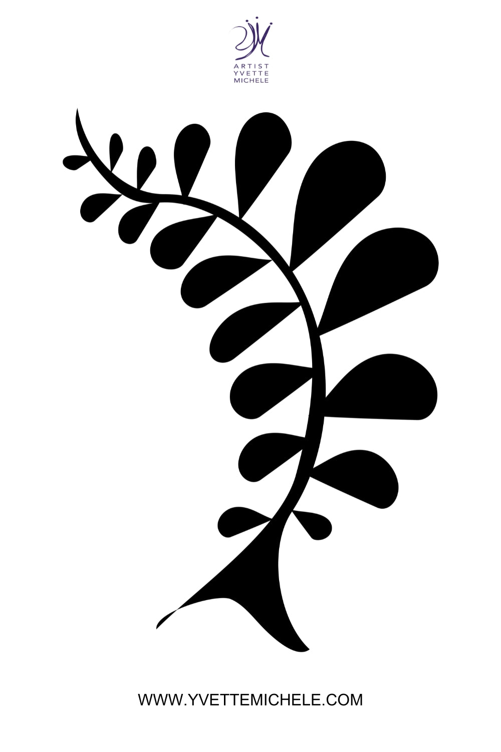 Introducing the "Adinkra African Symbol - AYA - Fern" large canvas wall art, a minimalist black abstract art piece resembling a plant with rounded leaves curving upward. The backdrop is white, featuring the artist’s logo at the top center and the URL "www.yvettemichele.com" at the bottom. This fine art canvas print draws inspiration from Adinkra symbols, beautifully reflecting a rich African heritage.