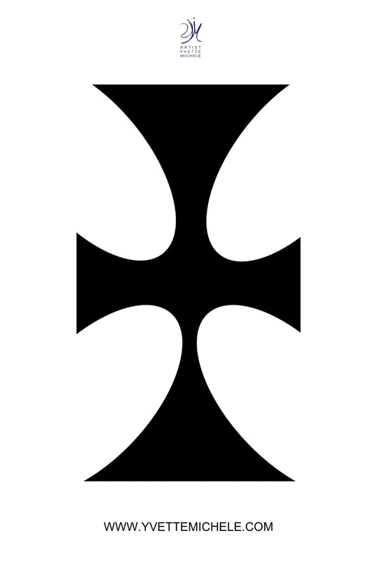 A stylized black cross with butterfly-like curves and symmetrical design, reminiscent of Adinkra symbols, against a white background. "www.yvettemichele.com" is printed at the bottom, with "Yvette Michele" and a small logo at the top. This design is featured on the Adinkra Symbol DONNO NTOASO - Talking Drum - Fine Art Large Canvas Print African Symbols.