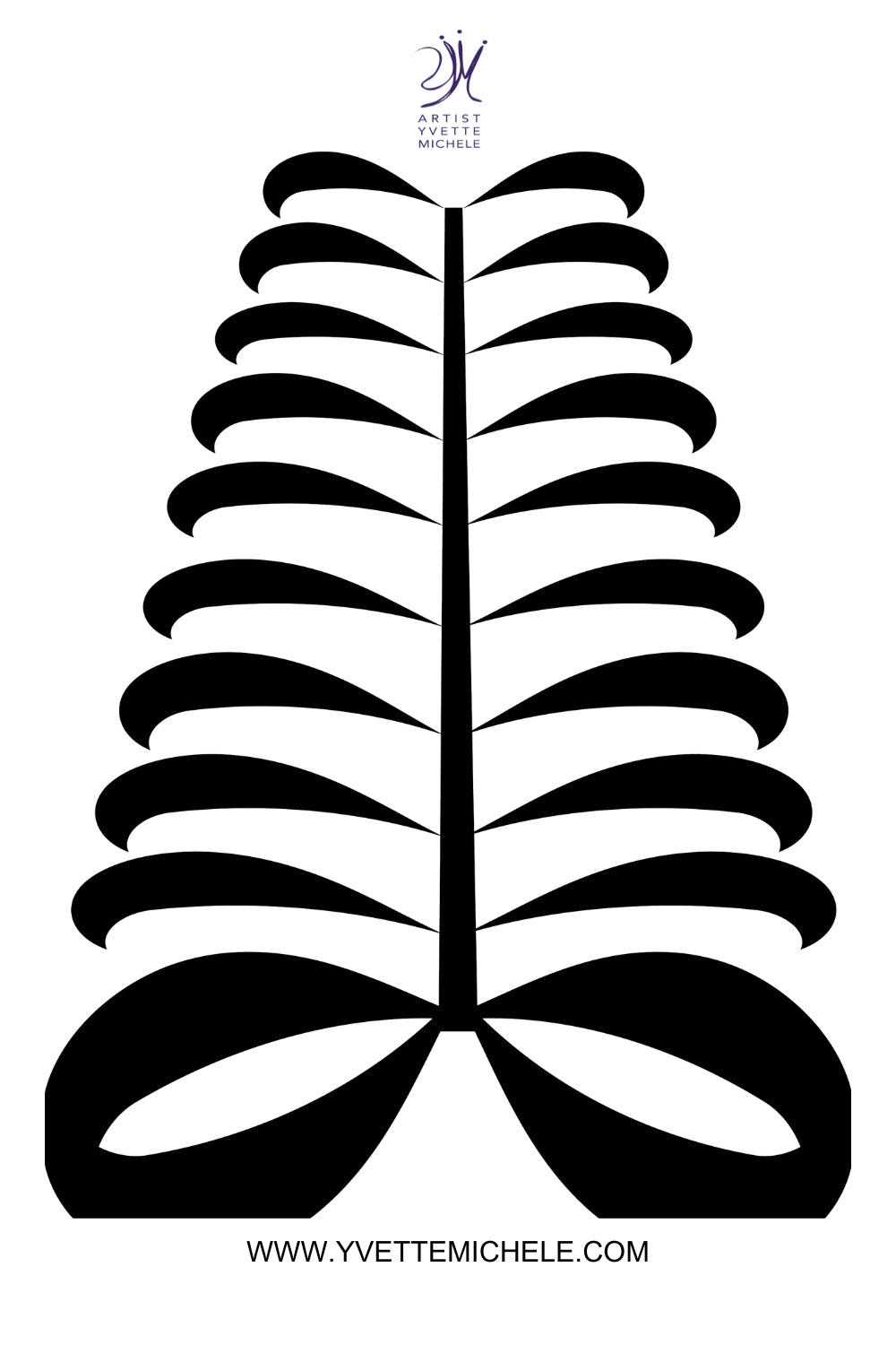 The "Adinkra African Symbol - AYA - Fern - Black & White large canvas wall art" features a stylized, symmetrical black tree-like figure with curved branches set against a white background. The top of the artwork showcases a logo with artistic text, while the bottom displays the website "www.yvettemichele.com." This piece, which evokes African heritage, is perfect for fine art canvas prints.