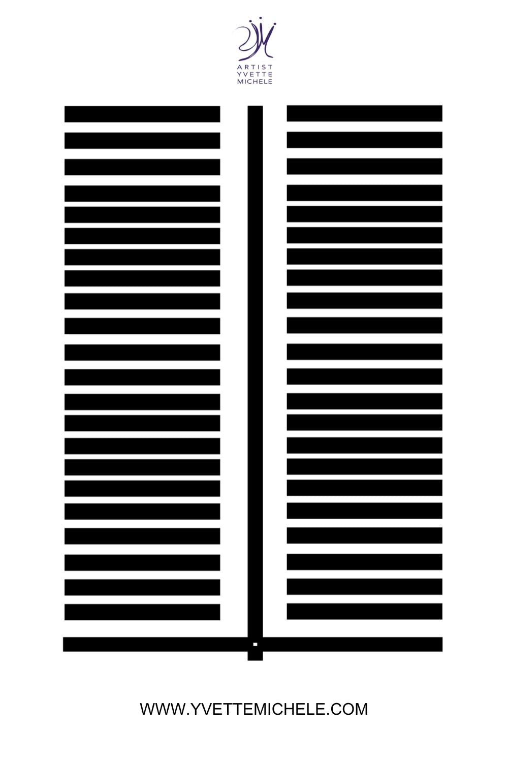 The "Adinkra African Symbol - AYA - Fern - Black & White large canvas wall art" showcases an abstract black-and-white image with two symmetrical columns of horizontal black lines on a white background, divided by a central vertical black line reminiscent of Adinkra symbols. The artist's logo and name, "Yvette Michele," appear at the top, while the website "www.yvettemichele.com" is displayed at the bottom.