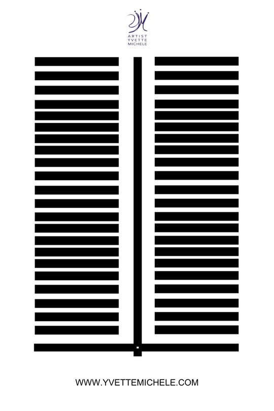 The "Adinkra African Symbol - AYA - Fern - Black & White large canvas wall art" showcases an abstract black-and-white image with two symmetrical columns of horizontal black lines on a white background, divided by a central vertical black line reminiscent of Adinkra symbols. The artist's logo and name, "Yvette Michele," appear at the top, while the website "www.yvettemichele.com" is displayed at the bottom.