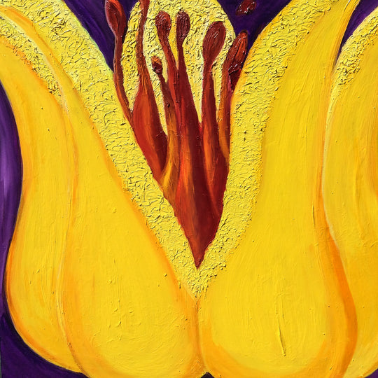 Introducing "Le Fleur The Exotics - 'Stapia's Red Dancer'," an original contemporary botanical art oil painting measuring 40 x 40. This vibrant masterpiece features a yellow tulip adorned with striking orange and red elements at its core, set against a rich deep purple background. The textured petals and bold, vivid colors capture the essence of botanical art in this captivating oil painting.